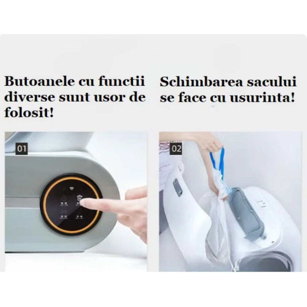 Litieră Automată Smart pentru Pisici, Sistem Auto Curățare, Sterilizare UV, Senzori Ambientali Deep-Clean, Aplicație Tuya, Infraroșu, Display Tactil, Silențioasă, 9L