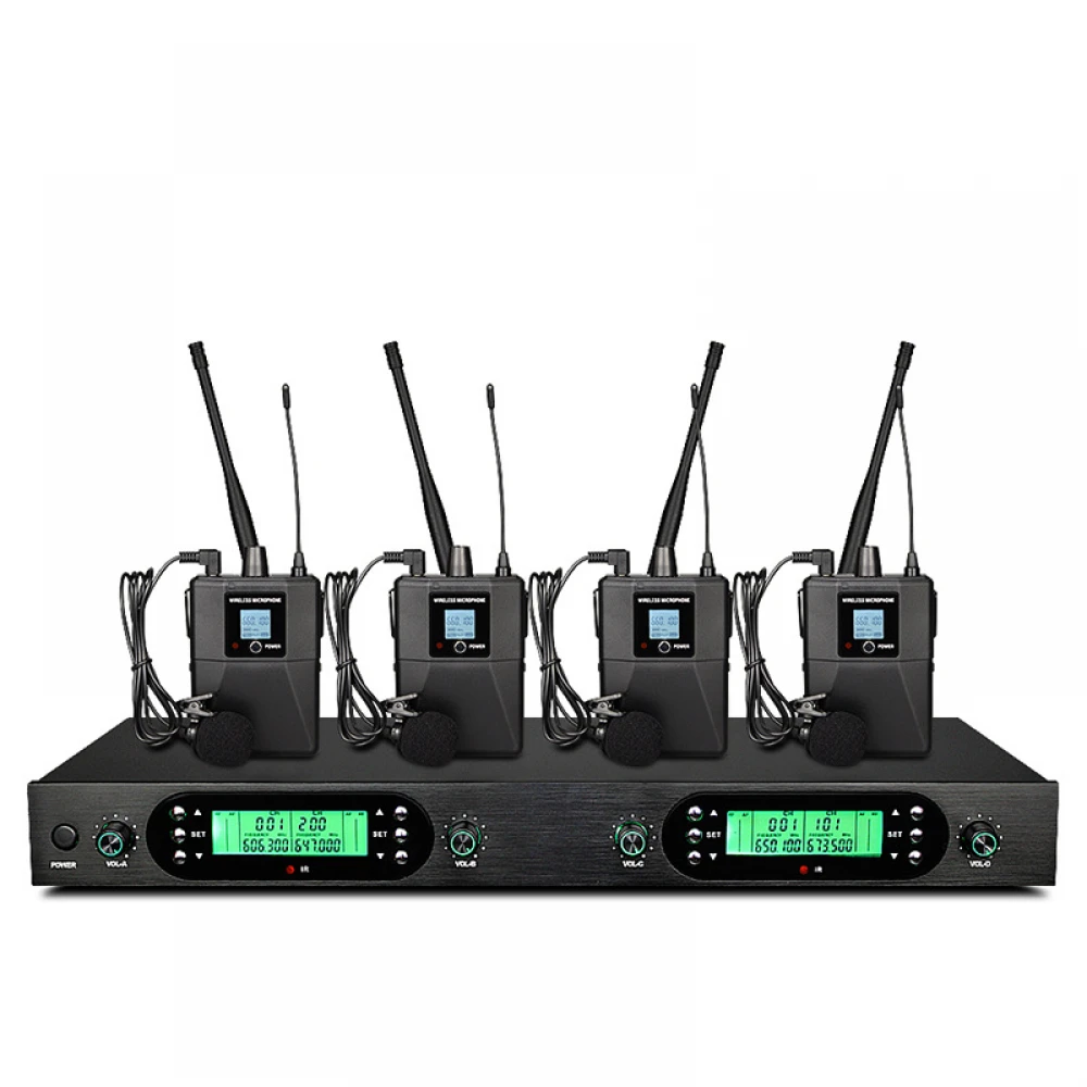 Sistem Profesional  4 Lavaliere Radio Wireless UHF Tip Cască cu Receptor și 200 de Frecvențe Selectabile