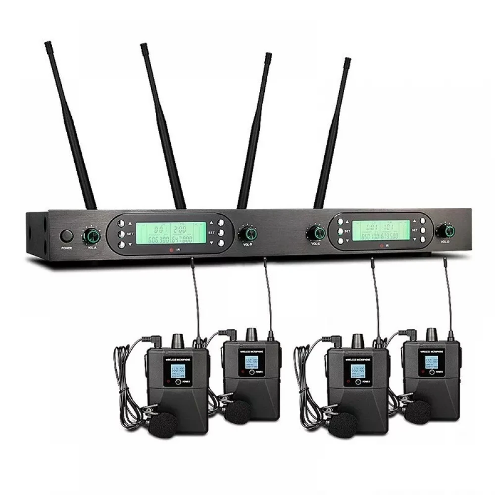 Sistem Profesional  4 Lavaliere Radio Wireless UHF Tip Cască cu Receptor și 200 de Frecvențe Selectabile