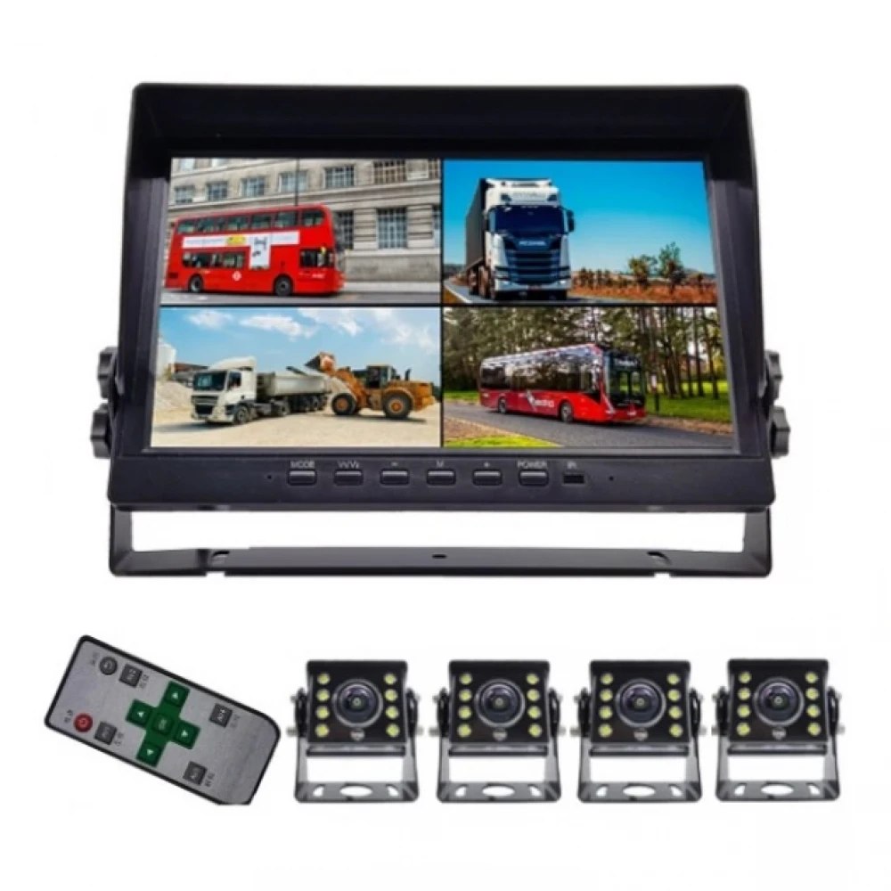 Kit monitorizare și supraveghere cu alimentare la 12v - 36v,  4 camere incluse cu funcție de night vision, Stocare pe card, Unghi 140°, Full HD