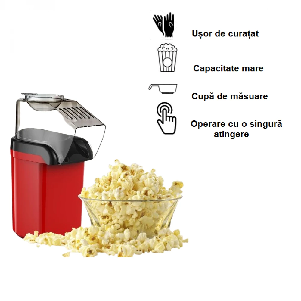 Aparat de Făcut Popcorn fără Ulei, Mașină electrică cu Aer Cald de Făcut Floricele, Sistem Antialunecare, 1200 W, Roșu   