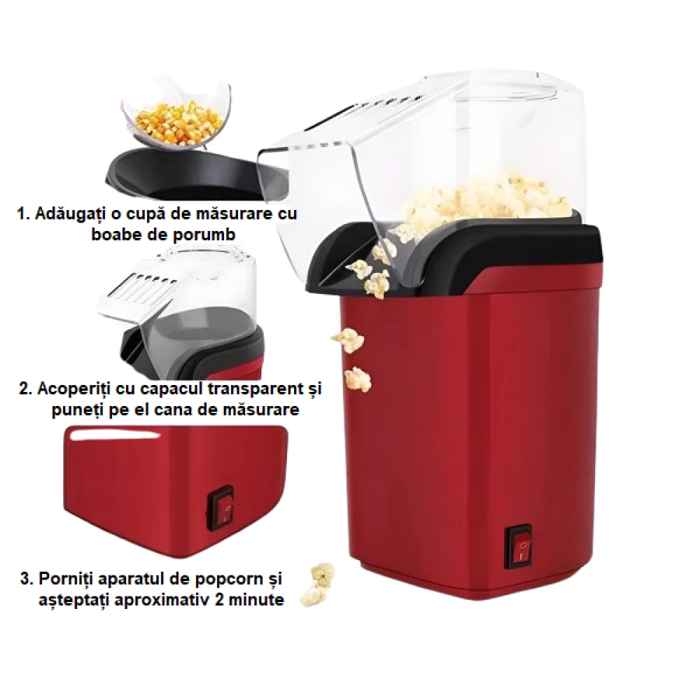 Aparat de Făcut Popcorn fără Ulei, Mașină electrică cu Aer Cald de Făcut Floricele, Sistem Antialunecare, 1200 W, Roșu   