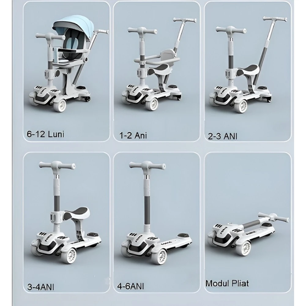 Trotinetă pentru copii, pliabilă, multifuncțională 6 în 1, tricicletă cu muzică și lumini pentru copii 6 luni-6 ani, scaun detașabil, spătar reglabil, 3 roți din silicon cu rotire flexibilă la 360 de grade, mâner ajustabil, ghidon reglabil