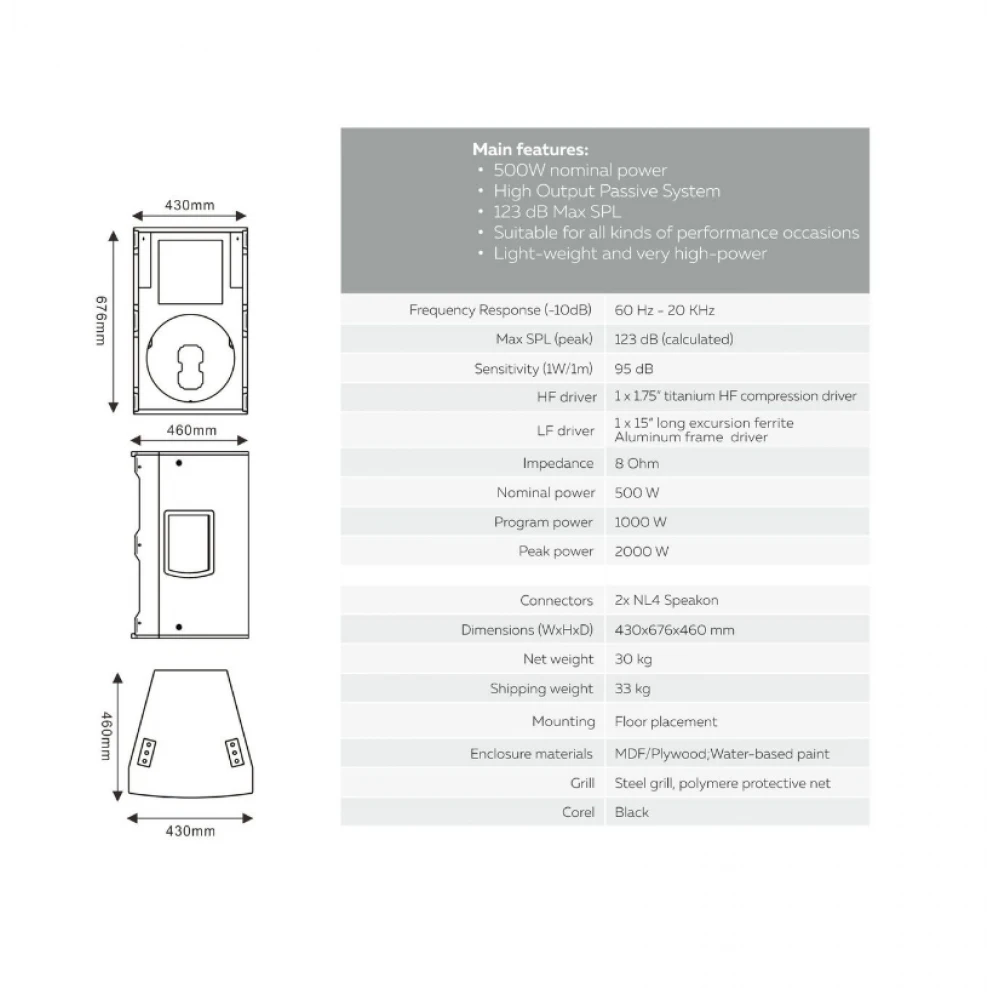 Boxă activă profesională, amplificată pe 2 căi cu putere de 2000 W, difuzor joase/înalte  de 15'', tehnologie DSP 