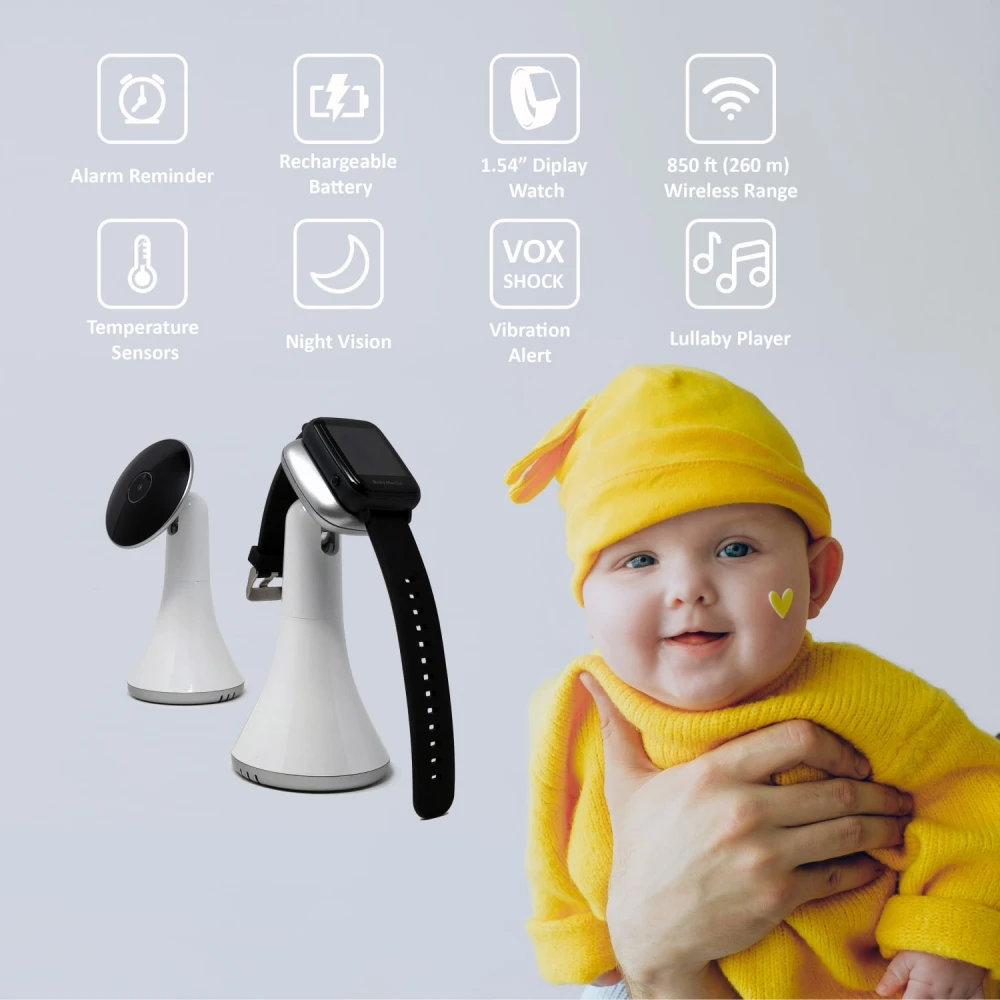 Cameră supraveghere bebeluși cu ecranul pe ceas  - Baby monitor cu monitorizare wireless, infraroșu, vedere nocturnă, senzor temperatură, cântece de leagăn