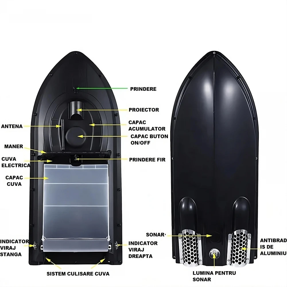 Barcă Navomodel cu sonar și GPS, cuvă electrică, JABO 2BG, motoare duale, lumini sub barcă și proiector, antibrădiș de aluminiu, acumulator 10A/3.7V Li-Ion, viteză 60 m/minut, distanță 1000 m