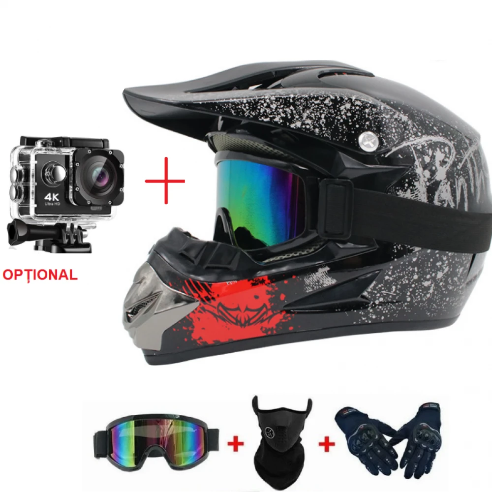 Set Cască Cross cu Mănuși, Ochelari, Cagulă pentru Motociclete, Dirt Bike, Enduro, Atv, Mărime S, M, L, XL