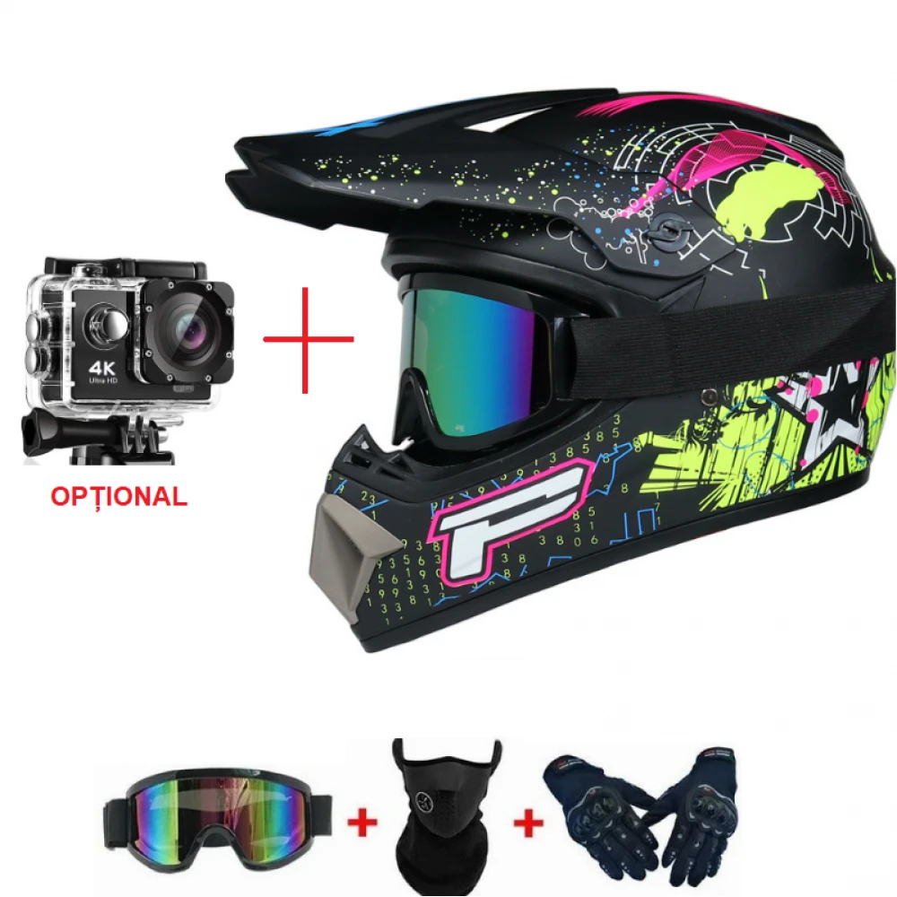 Set Cască Cross cu Mănuși, Ochelari, Cagulă pentru Motociclete, Dirt Bike, Enduro, Atv, Mărime S, M, L, XL