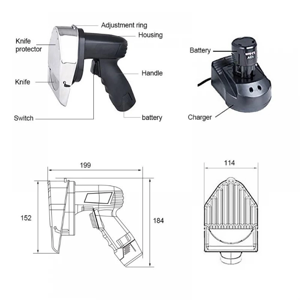 Cutit electric kebab/shaorma profesional fara fir, putere 80W, 2 baterii incluse, lama zimtata suplimentara 