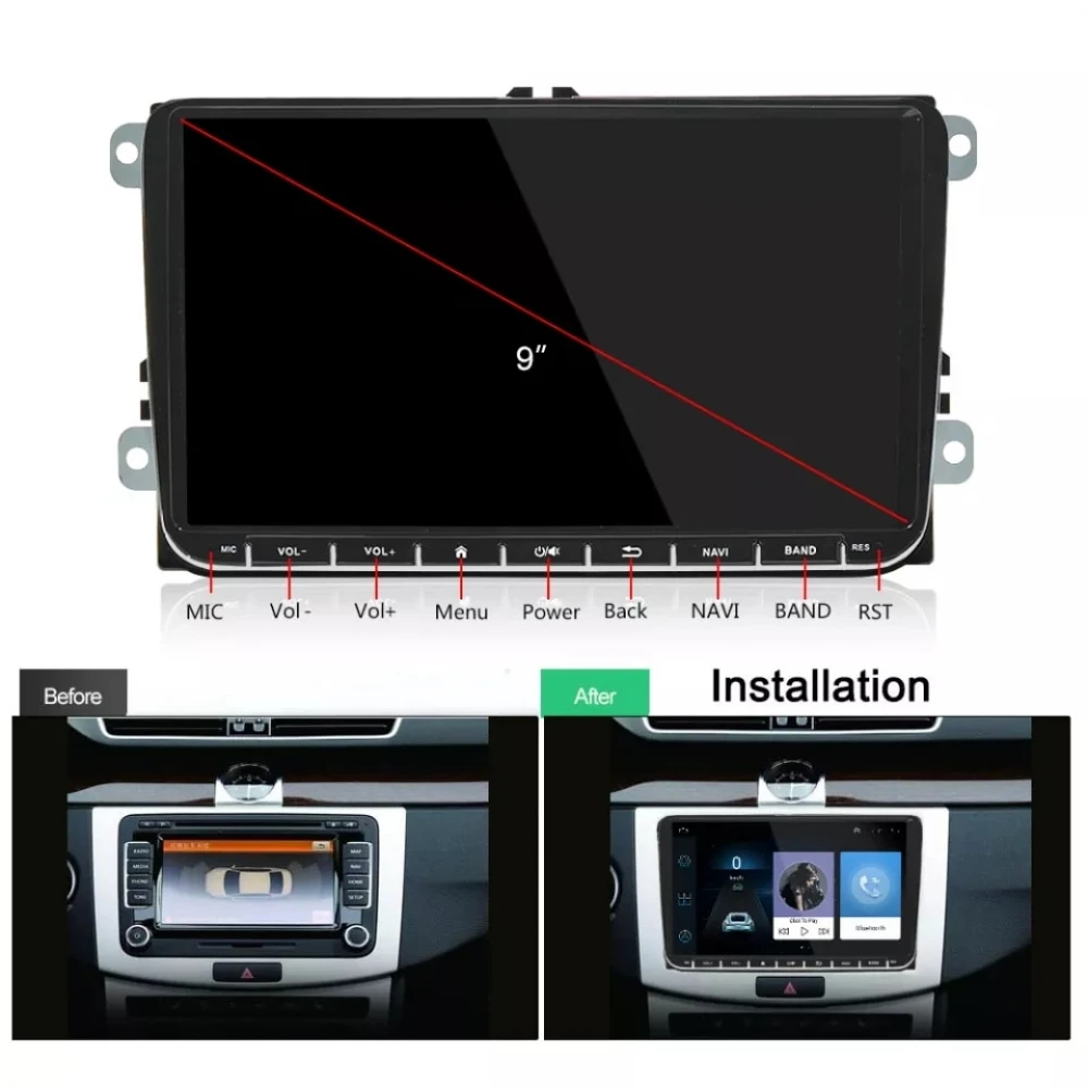 Navigatie Volkswagen|Skoda|Seat cu Android 11, CarPlay 2GB RAM 32 GB ROM, Ecran de 9 Inch, dedicata Golf 5, Golf 6, Jetta, Passat B6, CC, B7, Polo, Tiguan, Touran, Skoda, Seat