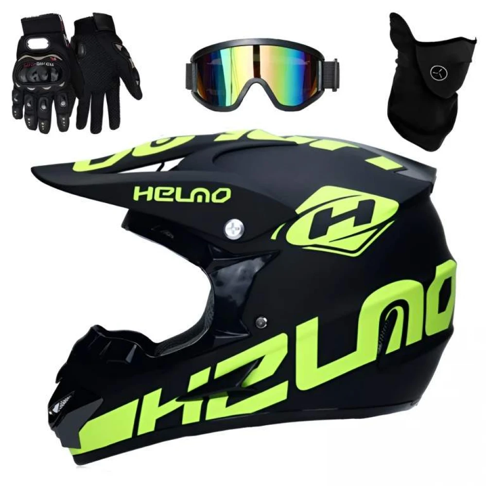 Set Cască Cross Negru/Verde Neon cu Mănuși, Ochelari, Cagulă pentru Motociclete, Enduro, Atv, Bicicletă - Flytec™