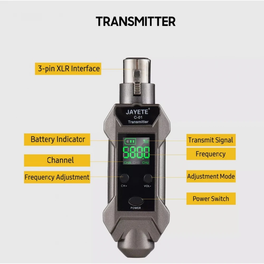 Transmițător Wireless pentru microfon  XLR , Adaptor pentru microfon cu 16 canale, Potrivit pentru microfon dinamic și condensator, cu baterie reîncărcabilă 48V