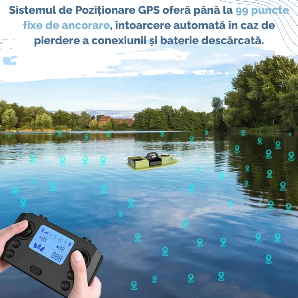 Barcă/Navomodel de pescuit cu GPS (99 Puncte) pentru plantat momeala / nadit / momit la crap cu telecomandă Flytec D22, 3 cuve, 2 motoare, baterie 5200mah