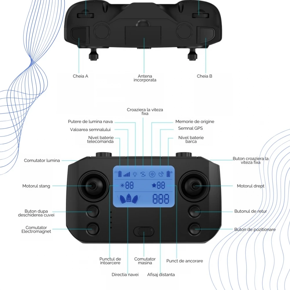 Barcă/Navomodel de pescuit cu GPS (99 Puncte) pentru plantat momeala / nadit / momit la crap cu telecomandă Flytec D22, 3 cuve, 2 motoare, baterie 5200mah