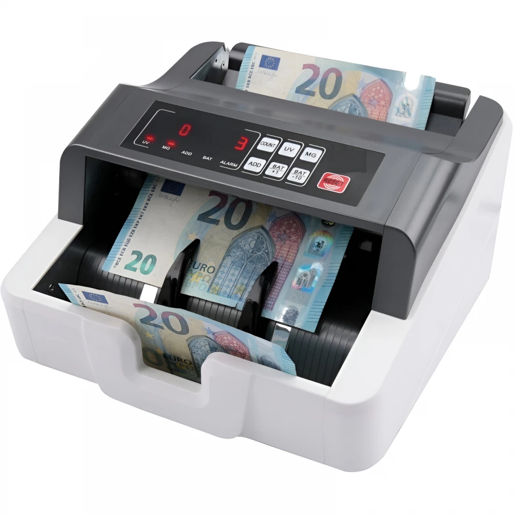 Mașină de numărat bancnote/bani și detecție falsuri, display LCD, verificator de autenticitate UV/MG/MT/IR/DD, Model 2024, 1000 bancnote/min, 80W