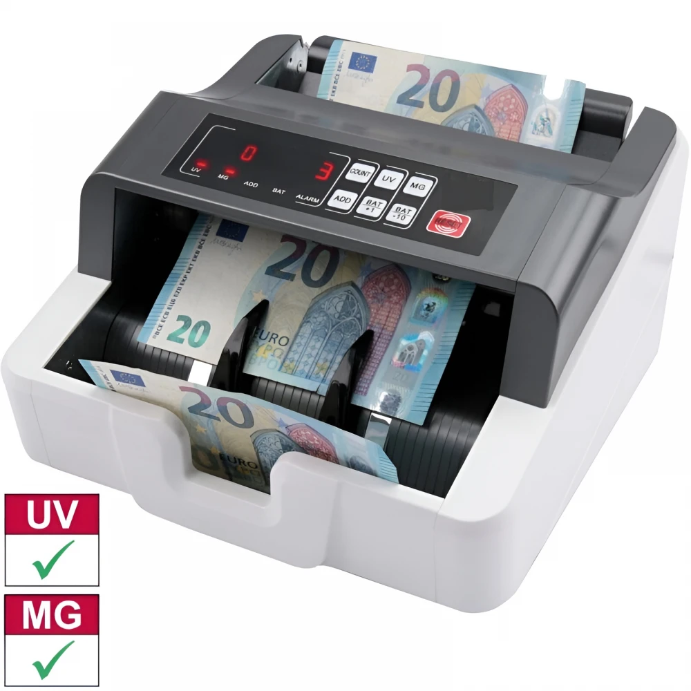 Mașină de numărat bancnote/bani și detecție falsuri, display LCD, verificator de autenticitate UV/MG/MT/IR/DD, Model 2024, 1000 bancnote/min, 80W