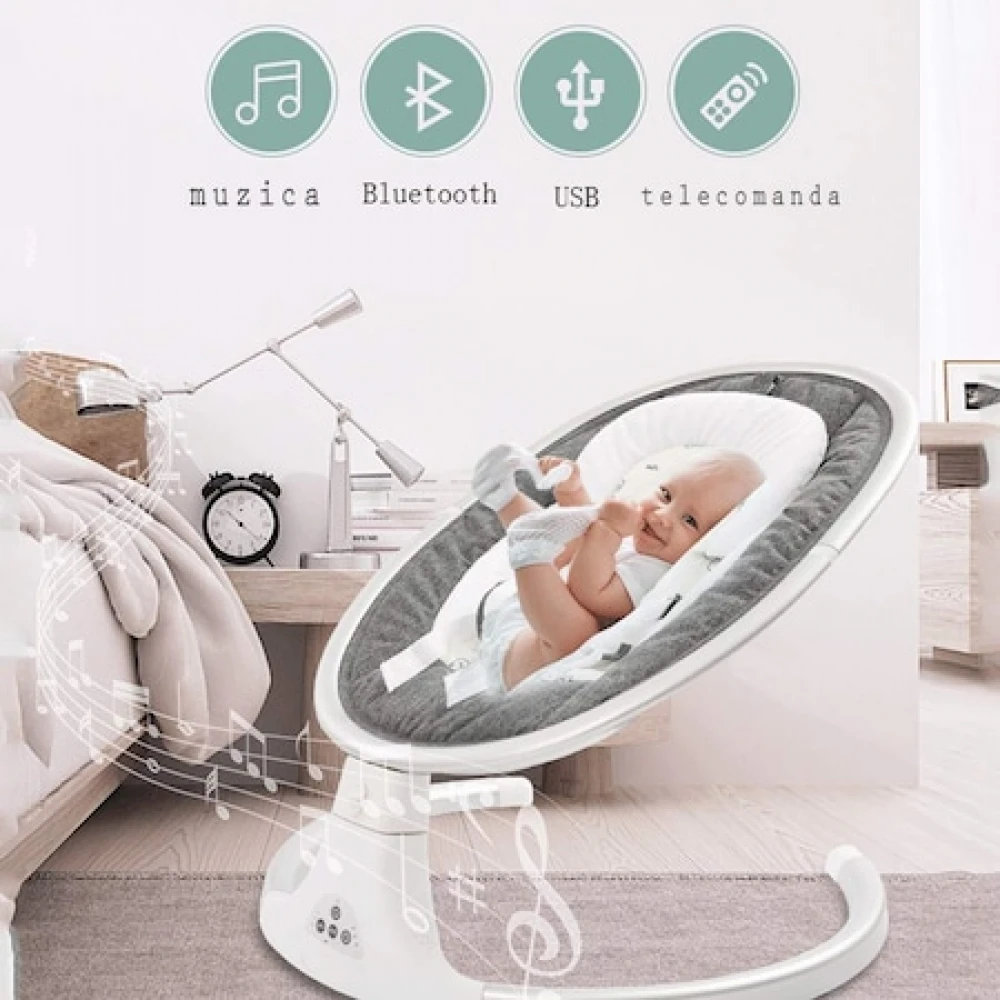 Leagăn Electric, Balansoar cu acoperiș rabatabil și plasă de protecție tânțari pentru bebe, conexiune Bluetooth, Telefon, telecomandă, jucării și melodii