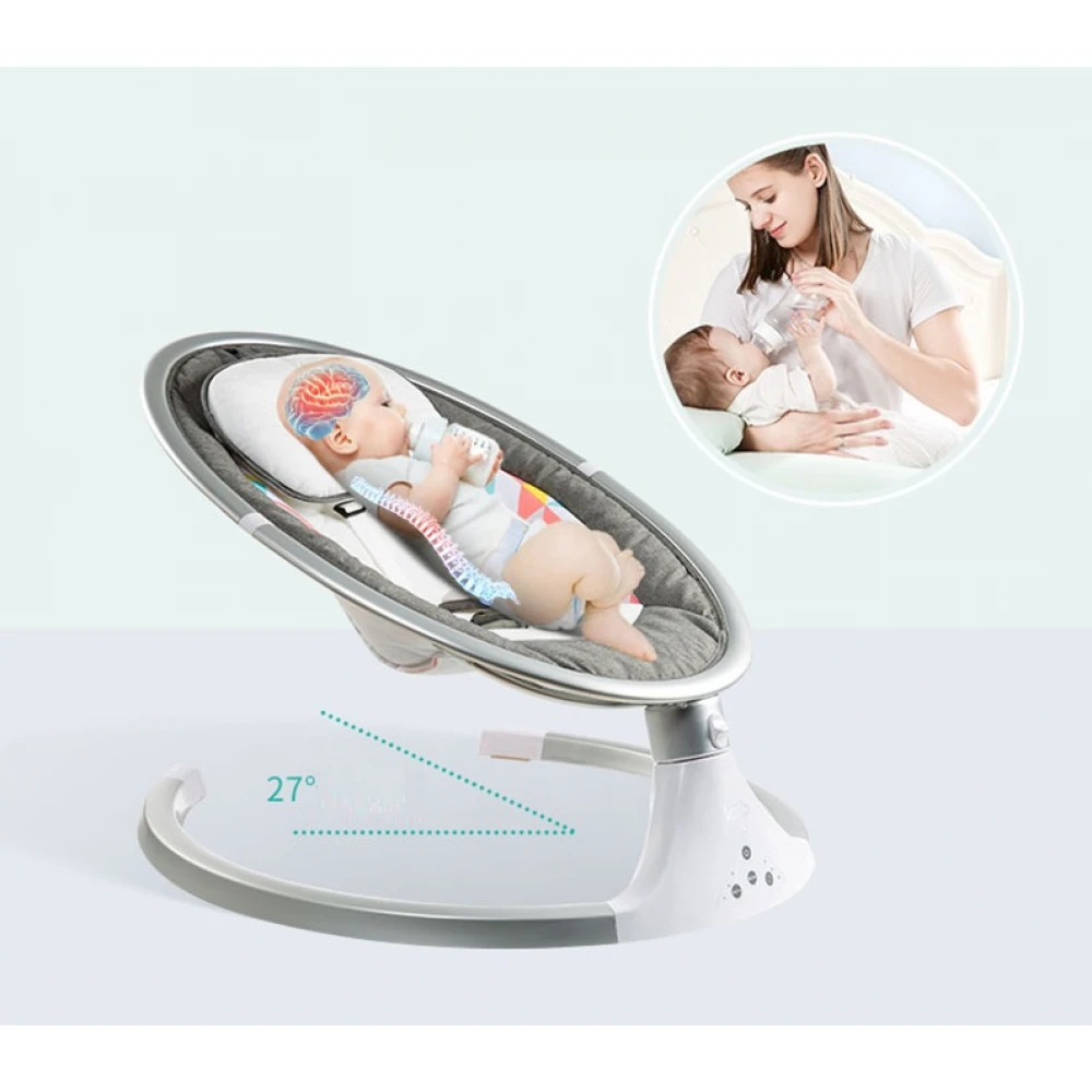 Leagăn Electric, Balansoar cu acoperiș rabatabil și plasă de protecție tânțari pentru bebe, conexiune Bluetooth, Telefon, telecomandă, jucării și melodii