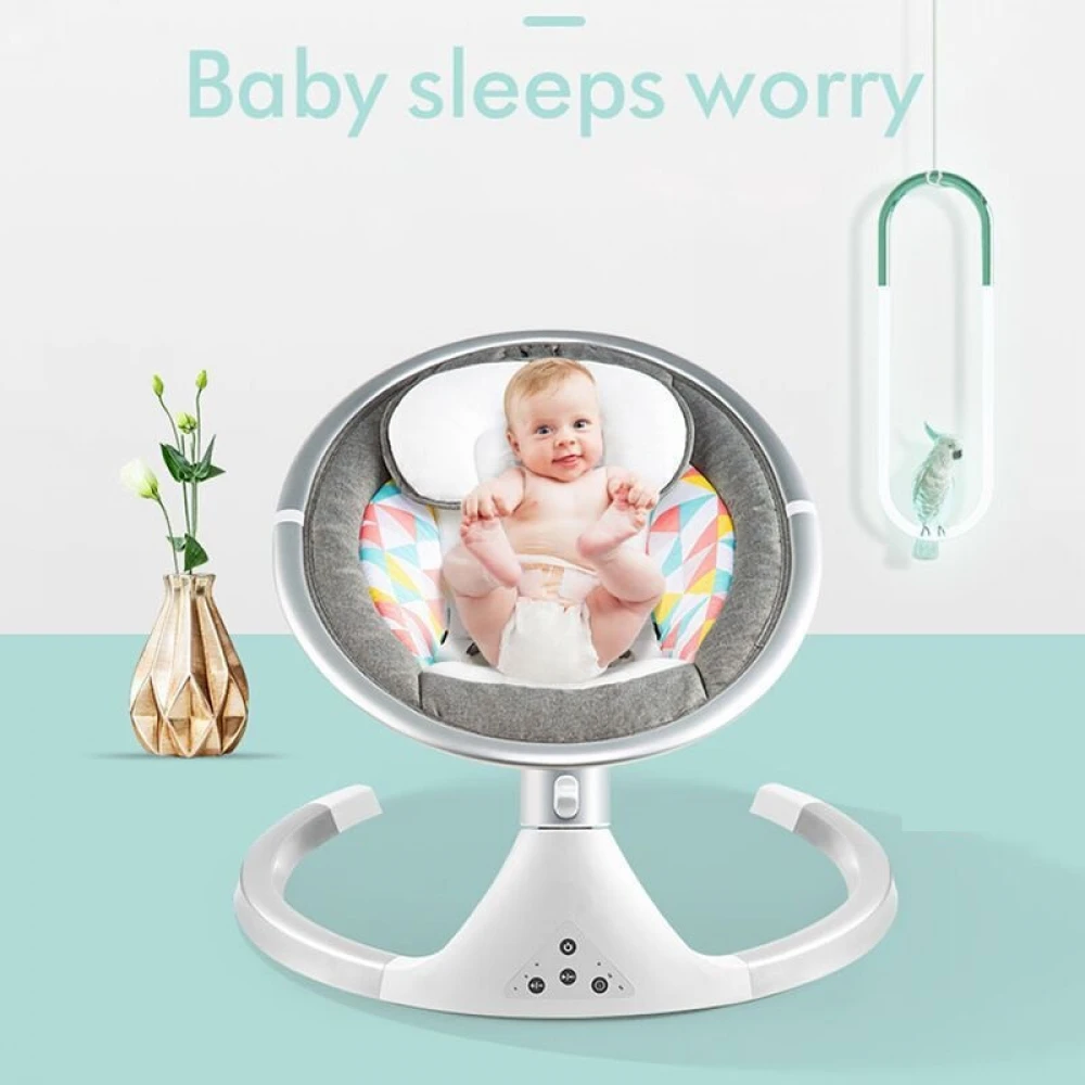 Leagăn Electric, Balansoar cu acoperiș rabatabil și plasă de protecție tânțari pentru bebe, conexiune Bluetooth, Telefon, telecomandă, jucării și melodii