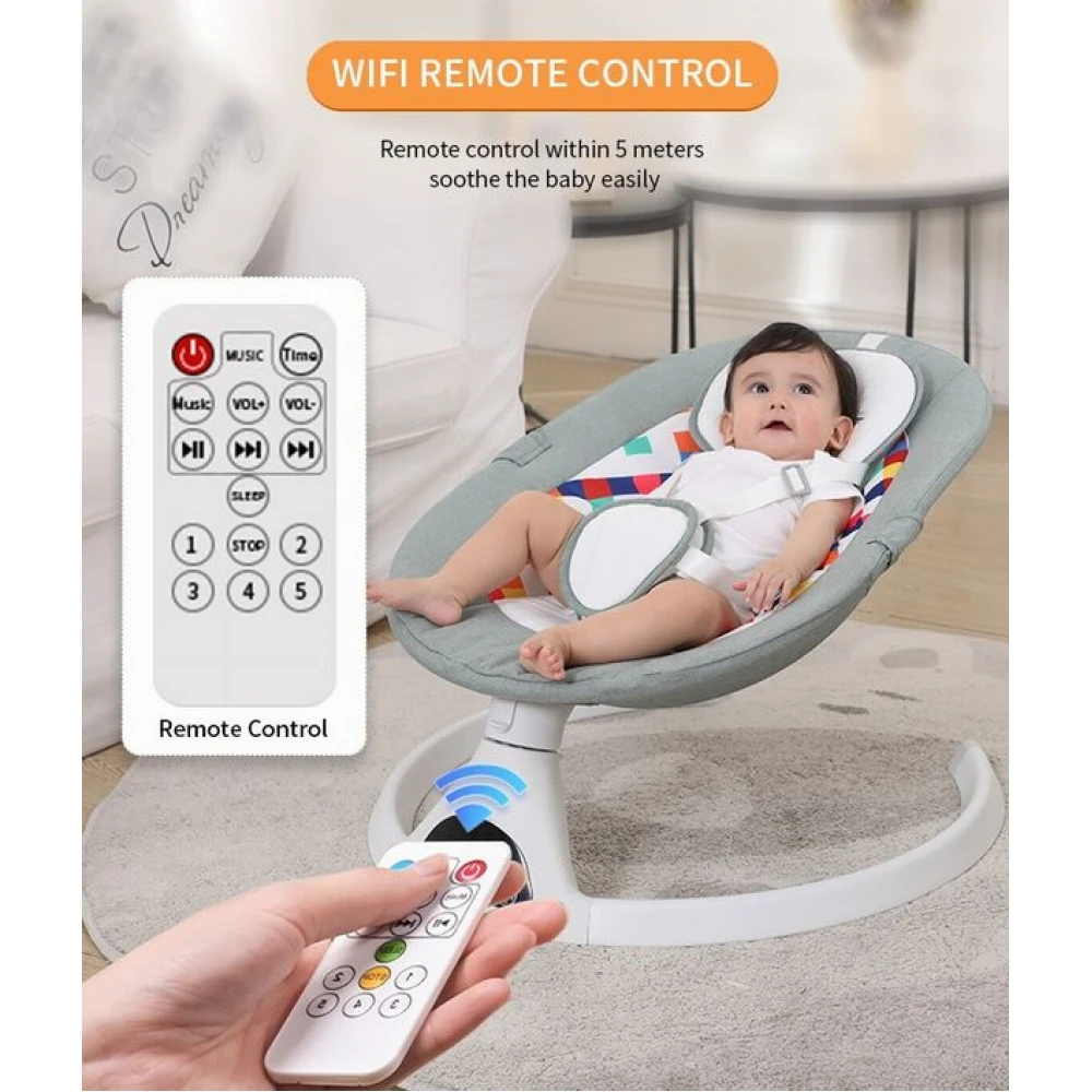 Leagăn Electric Bebeluși cu scoică detașabilă, Balansoar pentru bebe cu 5 trepte de legănare, plasă protecție, conexiune Bluetooth, telecomandă,USB, Jucării și Melodii