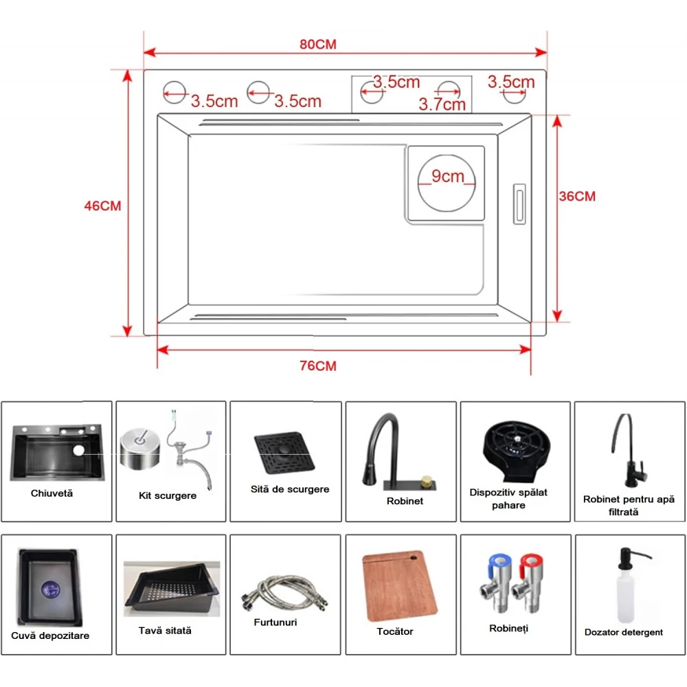 Chiuvetă bucătărie smart multifuncțională (5 funcții) - AQUA 2, inox gri antracit, 80 x 46 cm, baterie principală, cascadă, baterie filtru apă, dozator detergent, spălător pahare, 2 tăvite uscare + tocător