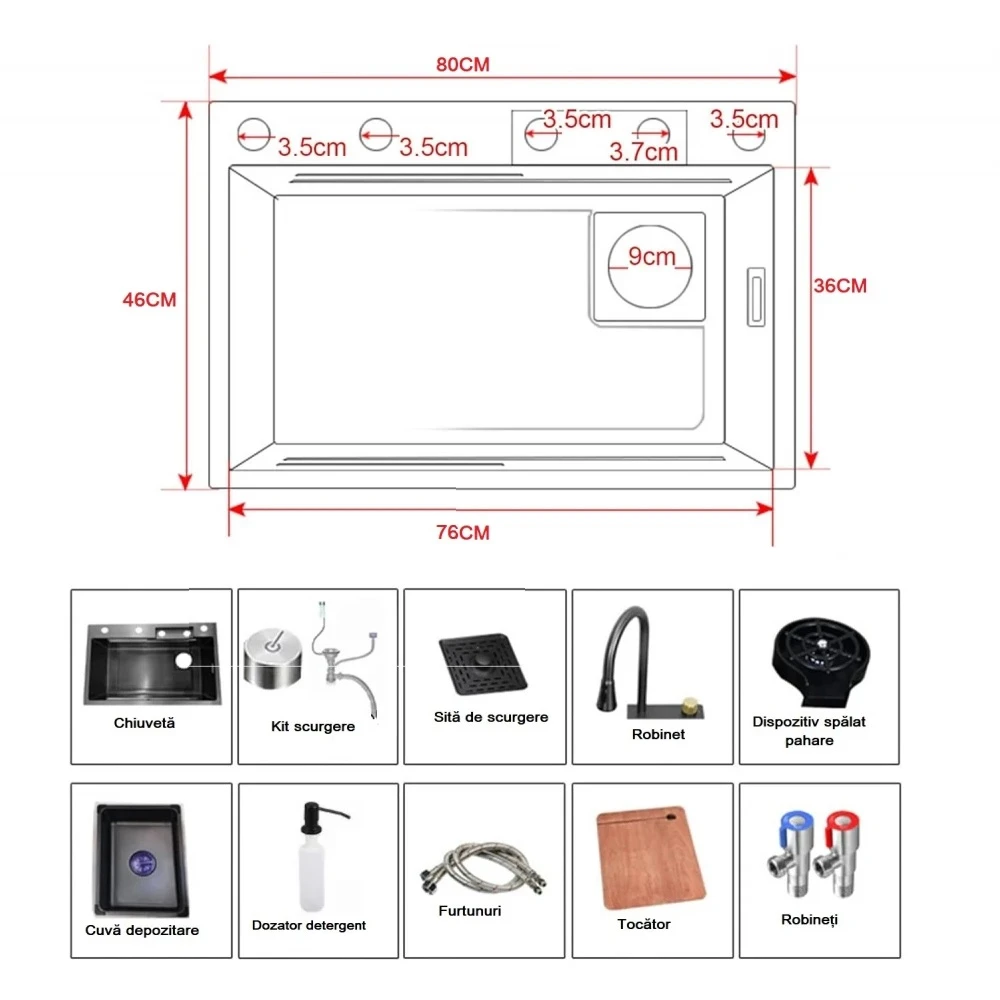 Chiuvetă bucătărie smart multifuncțională (3 funcții) - AQUA 4, inox gri antracit, 80 x 46 cm, baterie principală, dozator detergent, spălător pahare, 2 tăvite uscare + tocător