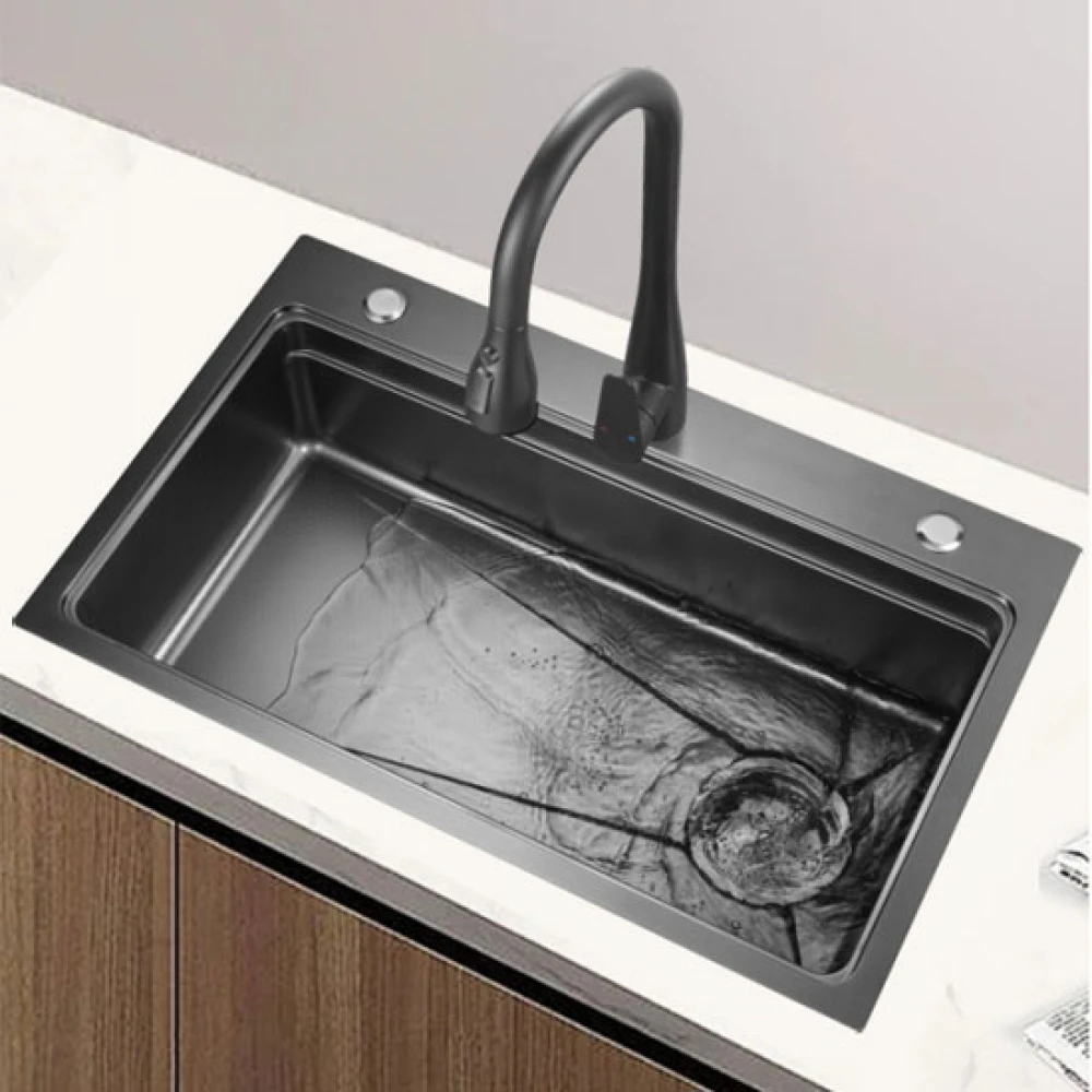 Chiuvetă bucătărie smart multifuncțională (3 funcții) - AQUA 4, inox gri antracit, 80 x 46 cm, baterie principală, dozator detergent, spălător pahare, 2 tăvite uscare + tocător