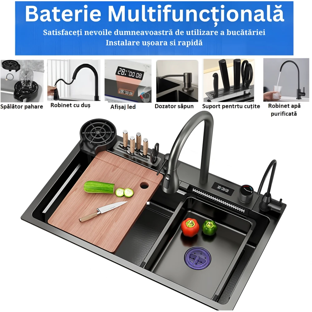 Chiuvetă bucătărie smart multifuncțională (6 funcții) - AQUA 8, inox gri antracit, 80 x 46 cm, baterie cu display digital, cascadă rotativă, baterie filtru apă, dozator detergent, spălător pahare, suport cuțite, 2 tăvițe uscare + tocător