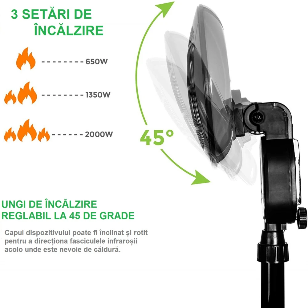 Încălzitor de terasă, 2000W, cu 3 trepte de încălzire, suport reglabil între 1,80 m și 2 m, montabil pe perete, culoare neagră.