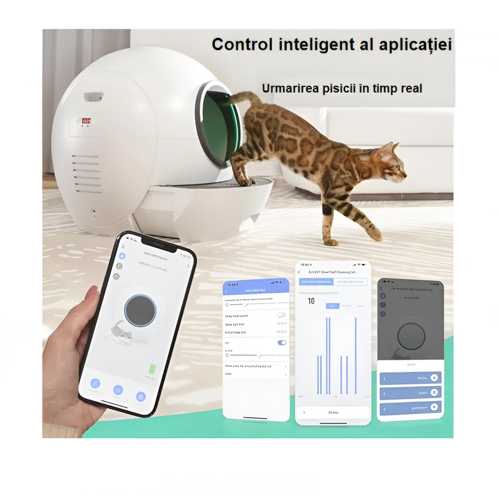 Litiera automata SMART cu sistem de curatare automata pentru pisici cu control din aplicatie mobila, afisaj LED, senzor siguranta - ultima generatie