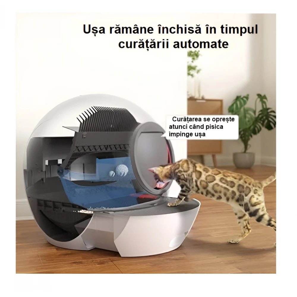 Litiera automata SMART cu sistem de curatare automata pentru pisici cu control din aplicatie mobila, afisaj LED, senzor siguranta - ultima generatie