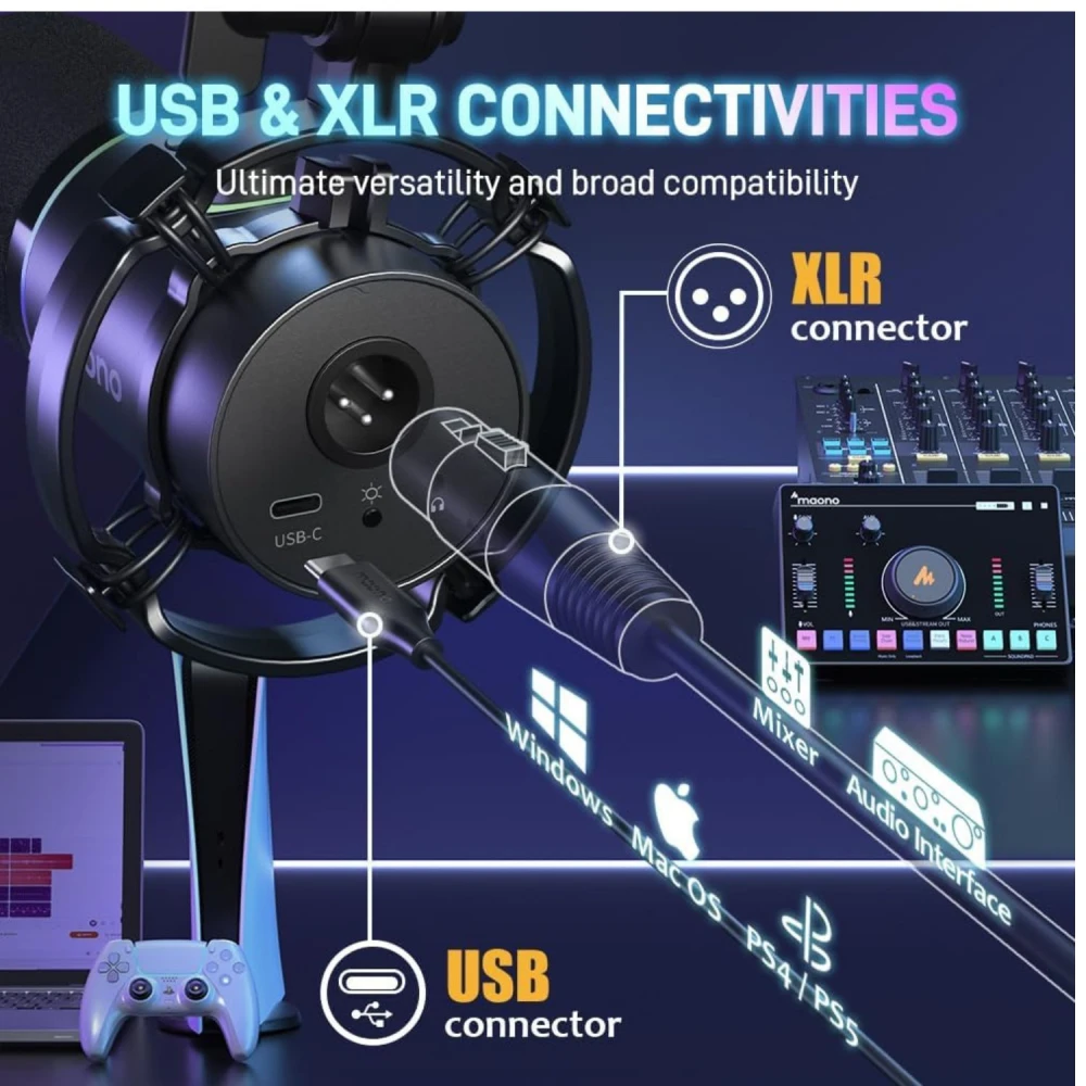 Microfon Dinamic de Broadcast/Podcast cu Lumină RGB, Cardioid, XLR/USB – Ideal pentru Gaming, Streaming și Conferințe