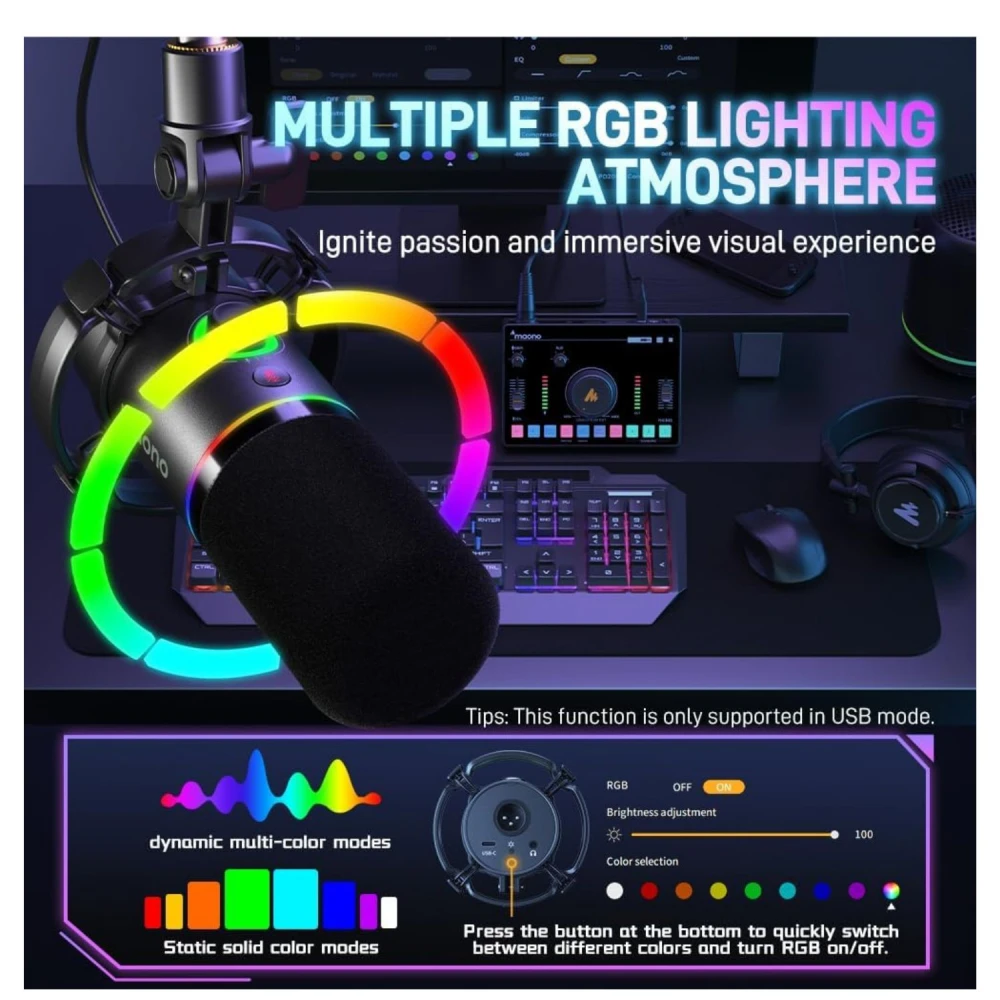 Microfon Dinamic de Broadcast/Podcast cu Lumină RGB, Cardioid, XLR/USB – Ideal pentru Gaming, Streaming și Conferințe