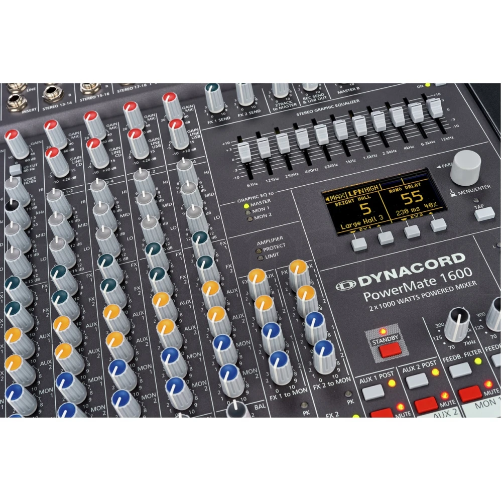 Mixer Audio Dynacord Profesional Amplificat, PowerMate 1600-3, 2X1000W, 16 Canale, Egalizator 11 benzi, Phantom power 48V