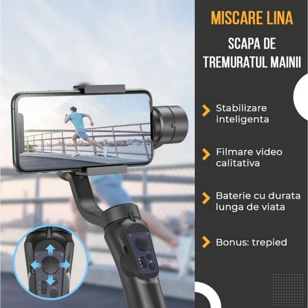 Stabilizator Gimbal pe 3 Axe Auto, Face Tracking, Control Zoom, Time Lapse, 4000 mAh, Conectivitate Bluetooth, Accesorii Incluse