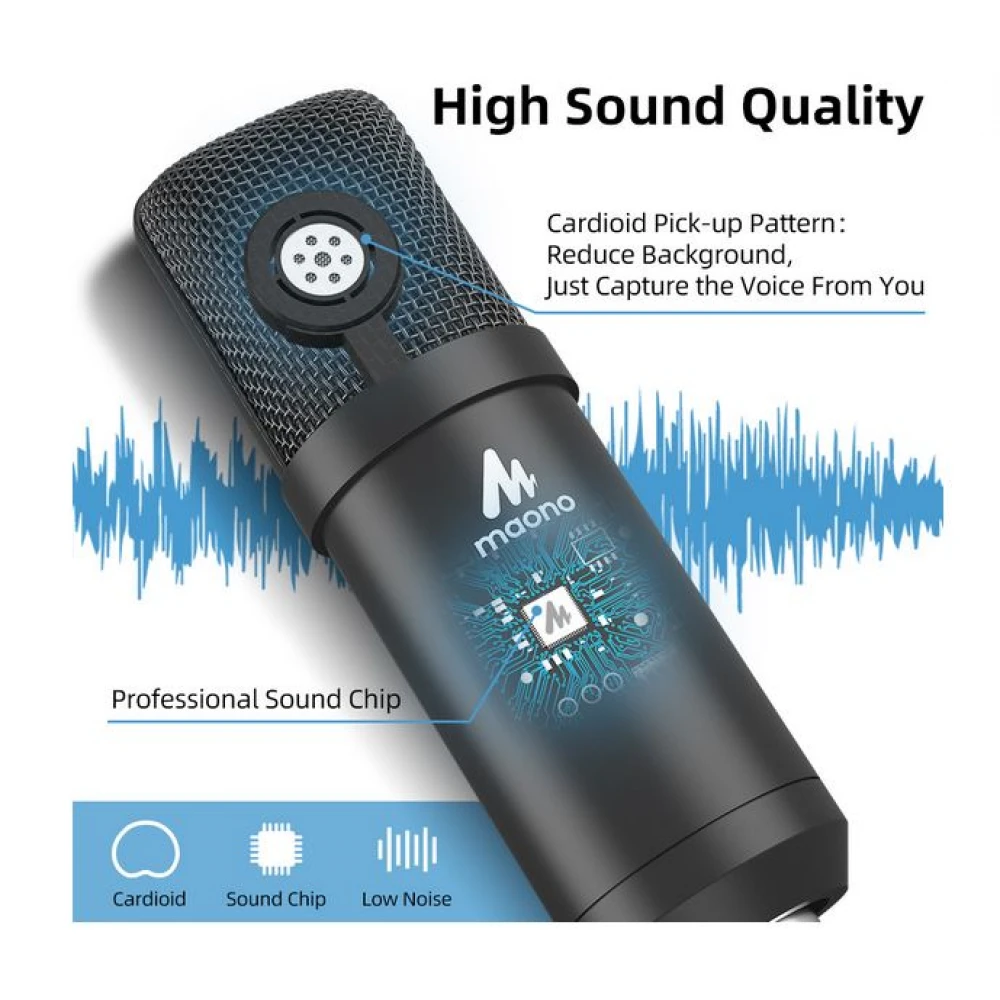 Microfon Profesional Maono Condensator pentru Studio, cu Stand Metalic pentru Podcast, Gaming, Streaming, YouTube, Voice Over, Studio, Home Recording