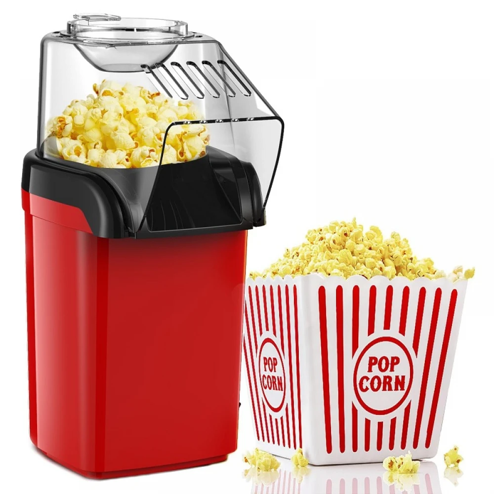 Aparat de Făcut Popcorn fără Ulei, Mașină electrică cu Aer Cald de Făcut Floricele, Sistem Antialunecare, 1200 W, Roșu   