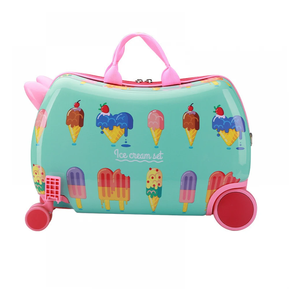  Troler Ride-On Pentru Copii Ice Cream, Valiza cu 4 roti directionale , Curea Transport, Suport Picioare, 28L, Greutate maxima 30kg, Turcoaz