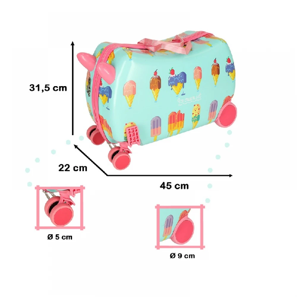  Troler Ride-On Pentru Copii Ice Cream, Valiza cu 4 roti directionale , Curea Transport, Suport Picioare, 28L, Greutate maxima 30kg, Turcoaz