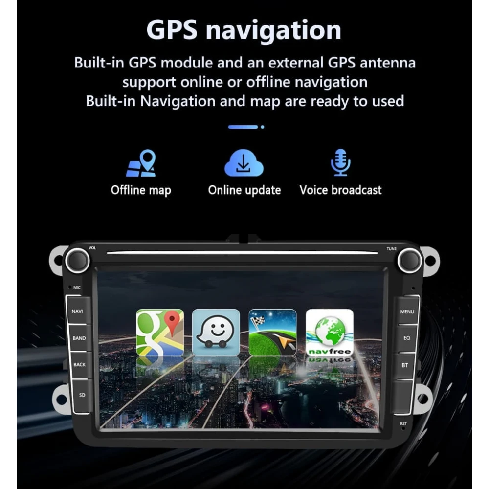 Navigatie Volkswagen|Skoda|Seat cu Android 11, CarPlay 2GB RAM 32 GB ROM, Ecran de 8 Inch, dedicata Golf 5, Golf 6, Jetta, Passat B6, CC, B7, Polo, Tiguan, Touran, Skoda, Seat