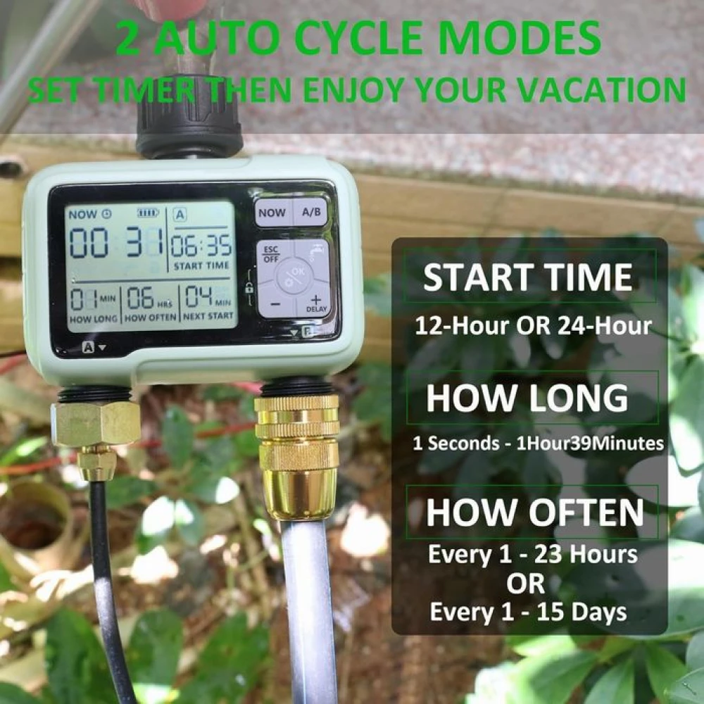 Programator de irigare automat, 2 zone independente, ecran mare, îmbinare metalică, ieșire dublă pentru aspersoare, picurătoare