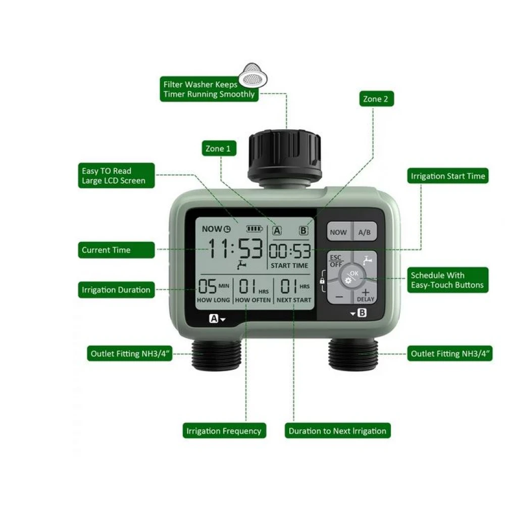 Programator de irigare automat, 2 zone independente, ecran mare, îmbinare metalică, ieșire dublă pentru aspersoare, picurătoare