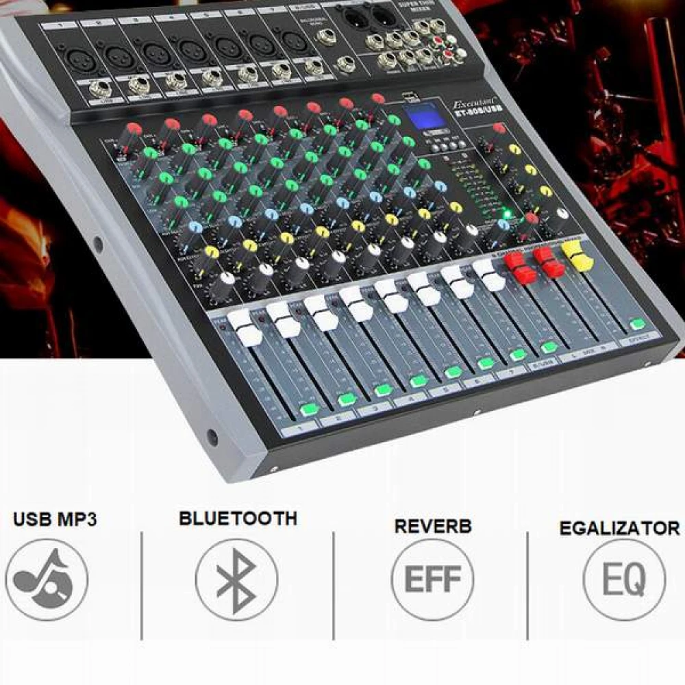 Mixer Audio 8 Canale, Fără Amplificare, Profesional, Bluetooth, USB/MP3, ecran LCD, Egalizator, Efecte