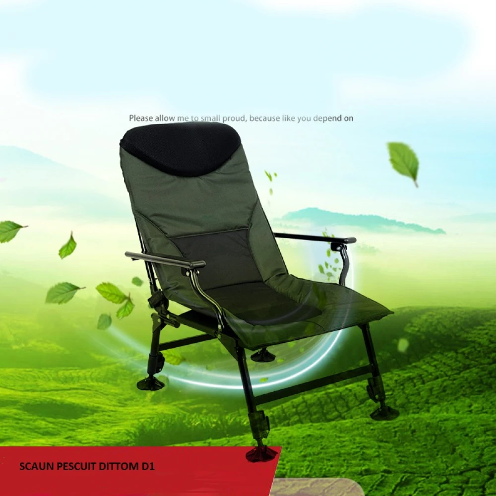 Scaun Pescuit Dittom D1 CARP RELAX cu RECLINER și picioare reglabile pe înălțime, sarcină maxim admisă: 150KG, verde/olive/negru