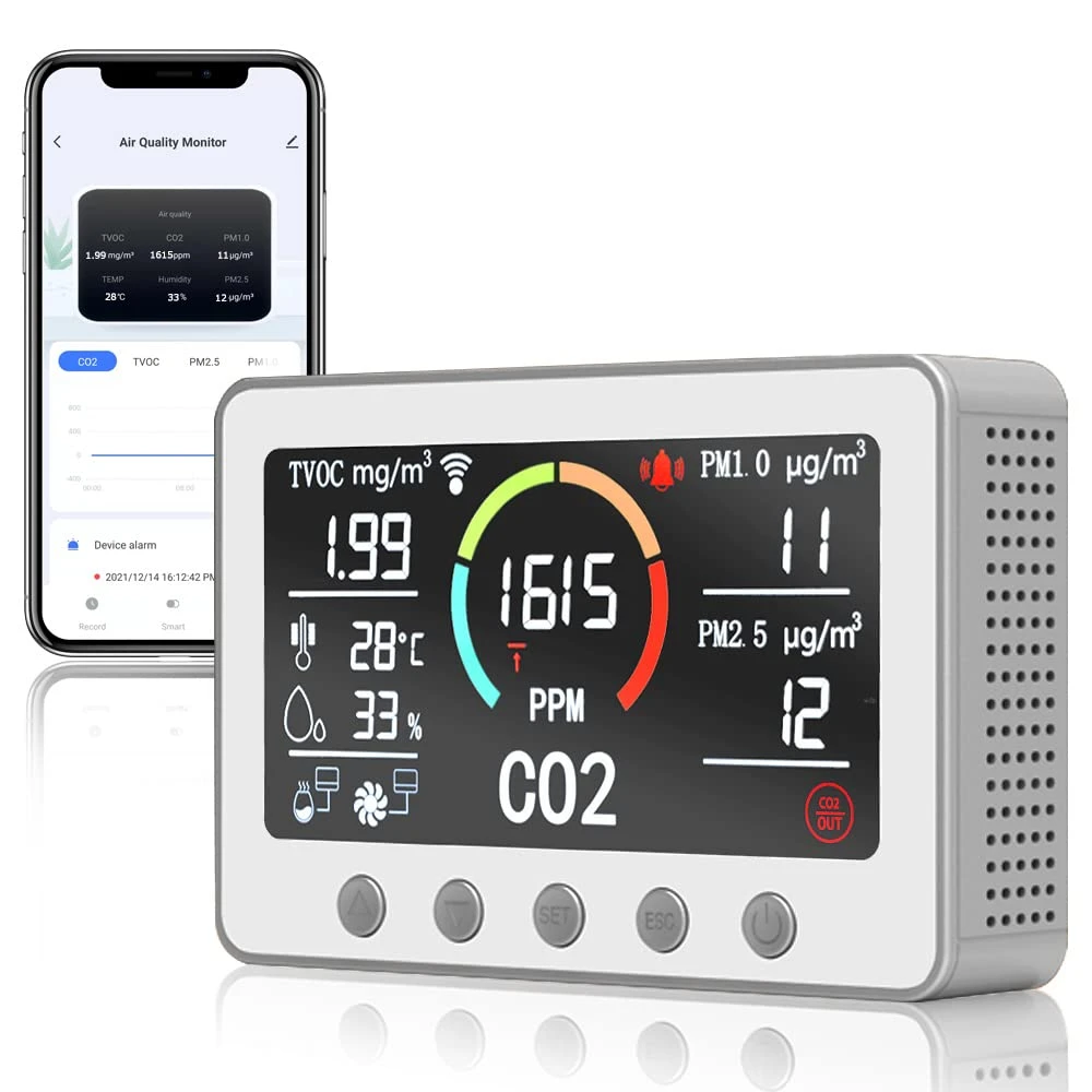 Monitor inteligent cu ecran 7'' CO2 pentru calitatea aerului - control WIFI Tester cu senzor de dioxid de carbon, aplicație TUYA