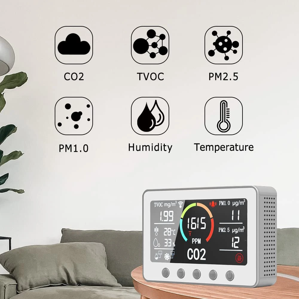 Monitor inteligent cu ecran 7'' CO2 pentru calitatea aerului - control WIFI Tester cu senzor de dioxid de carbon, aplicație TUYA