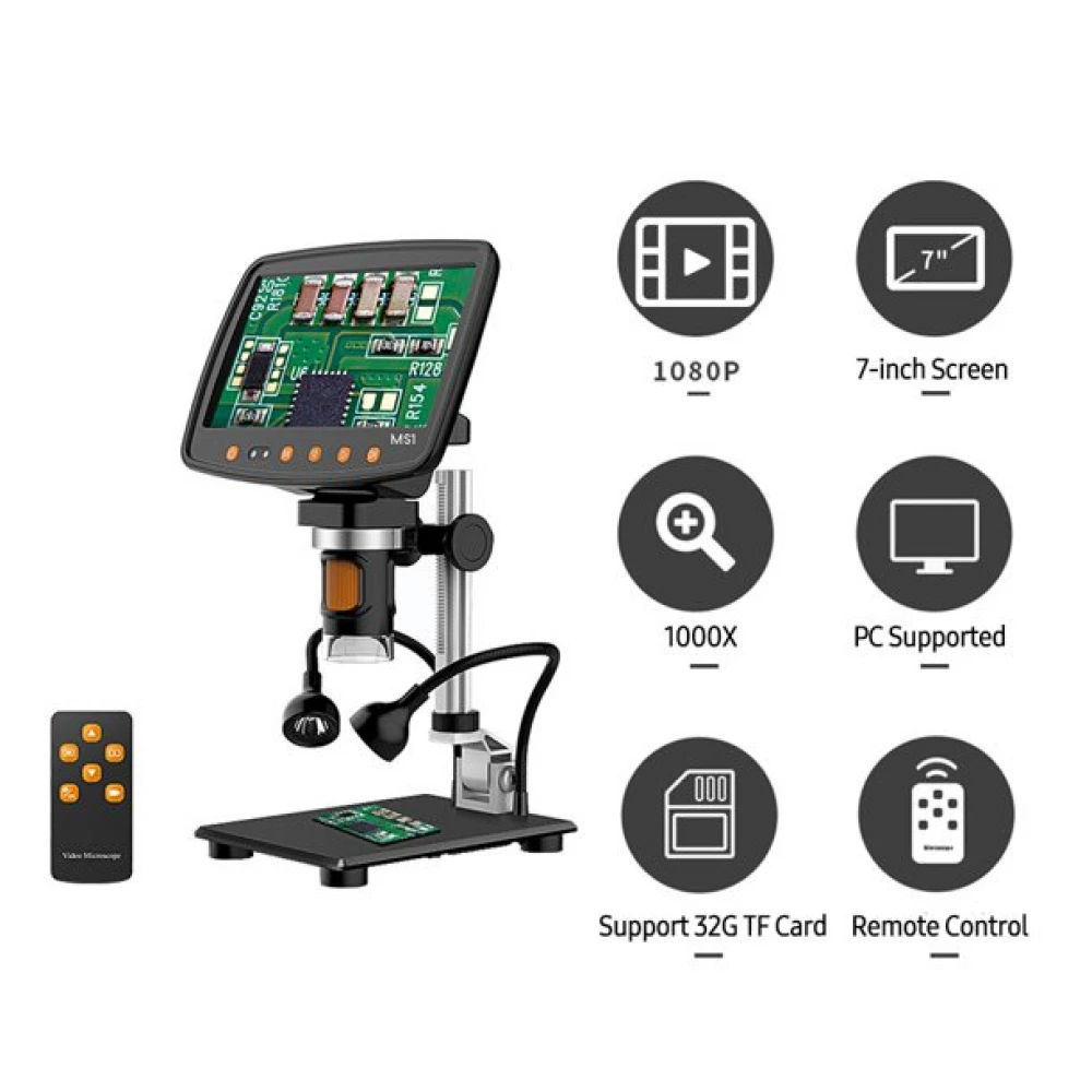 Microscop digital profesional portabil 1-1000X Dittom 10MP monitor 7 inch Full HD pentru reparații electroniști, bijutieri, analize medicale