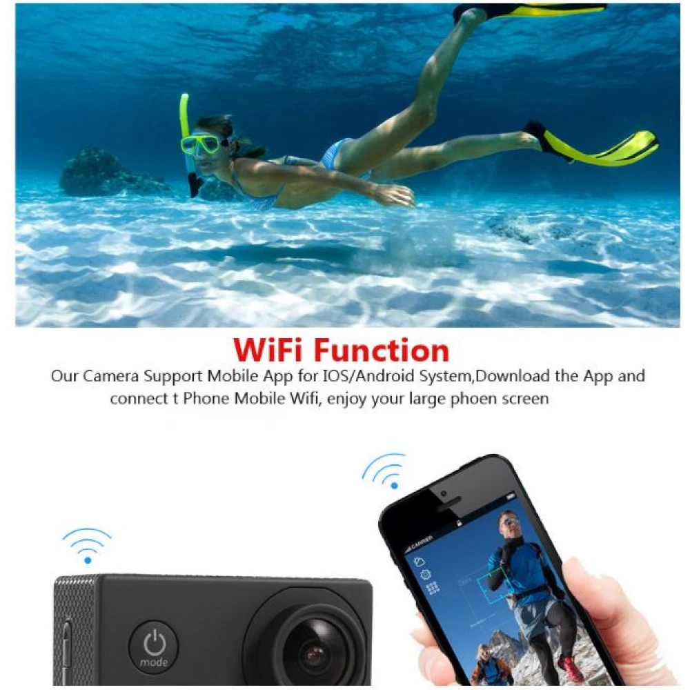 Cameră Video Sport, Action Camera, 4K Ultra HD, 16 Mp, Wifi, Waterproof 30 metri,  LCD 2" + Accesorii Prindere Cadou