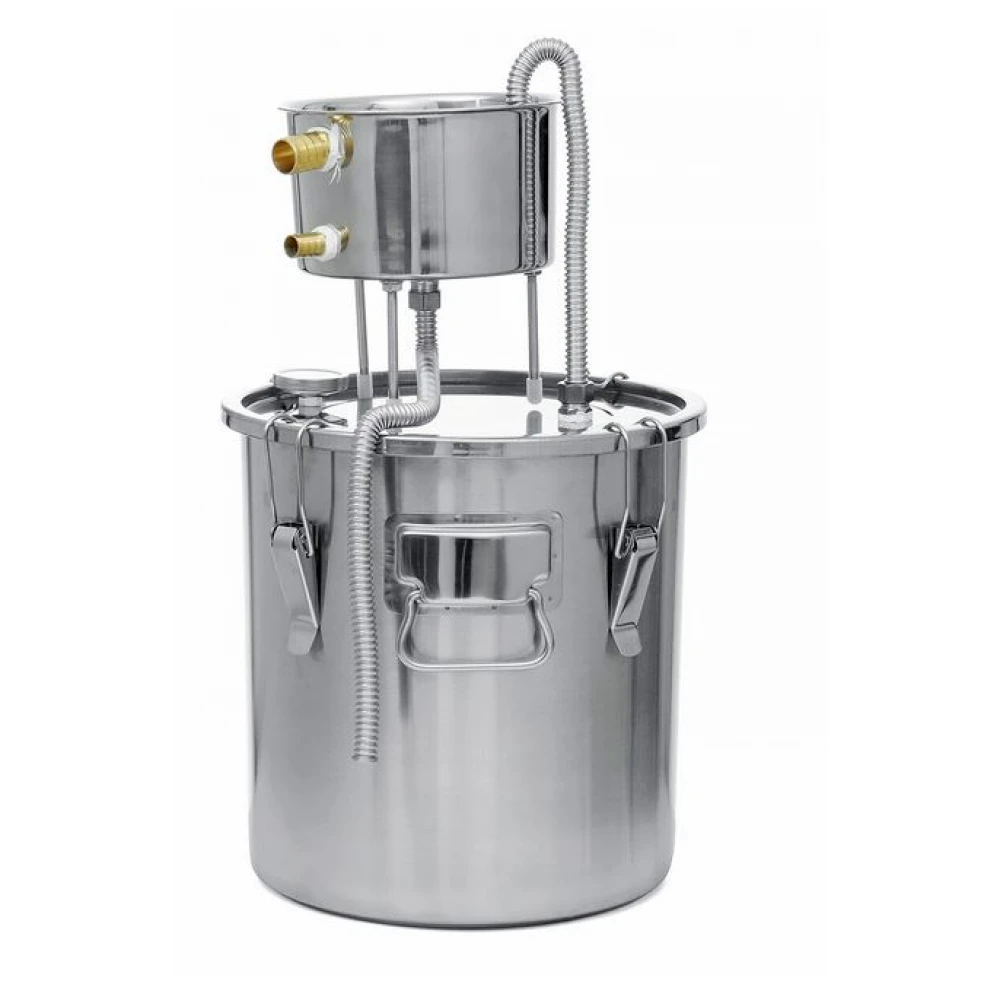 Distilator alcool, capacitate 22 Litri din Otel Inoxidabil, pompa de apa si tub de cupru, set pentru productia acasa de Whisky, Vin si Brandy, apa distilata, termometru incorporat