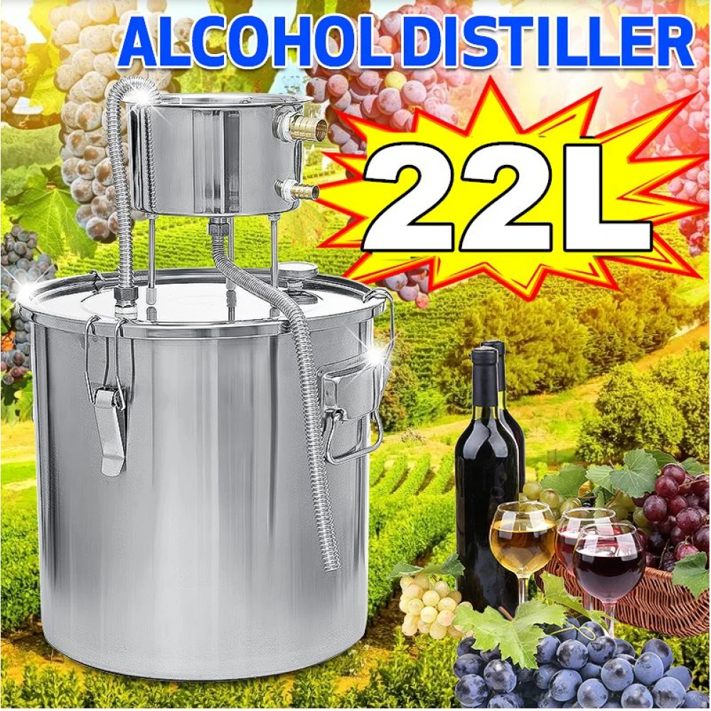 Distilator Alcool, Capacitate 22 Litri, din Otel Inoxidabil, Pompa de Apa si tub de Cupru, Set pentru productia acasa de Whisky, Vin si Brandy, Apa distilata, Termometru Incorporat